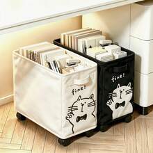 1pc Cartoon Cat Print Fabric Storage Box With Wheels, Foldable Large Capacity Storage Basket With Handle, Desktop Books And Miscellaneous Items Organizer, Suitable For Home, Office, Dorm - Multicolor - View 1