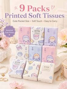 18 Packs/9 Packs Printed Soft Tissues, Cute Cartoon Pocket Tissues, Mini Portable Facial Tissues, Suitable For Travel, School, Office And Daily Use (Random Color Selection) - New C - View 1