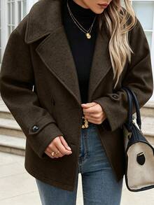 Women's Autumn/Winter Woven Double-Button Lapel Coat, Long Sleeve, Dropped Shoulder, Regular Length Outerwear - Coffee Brown - View 3