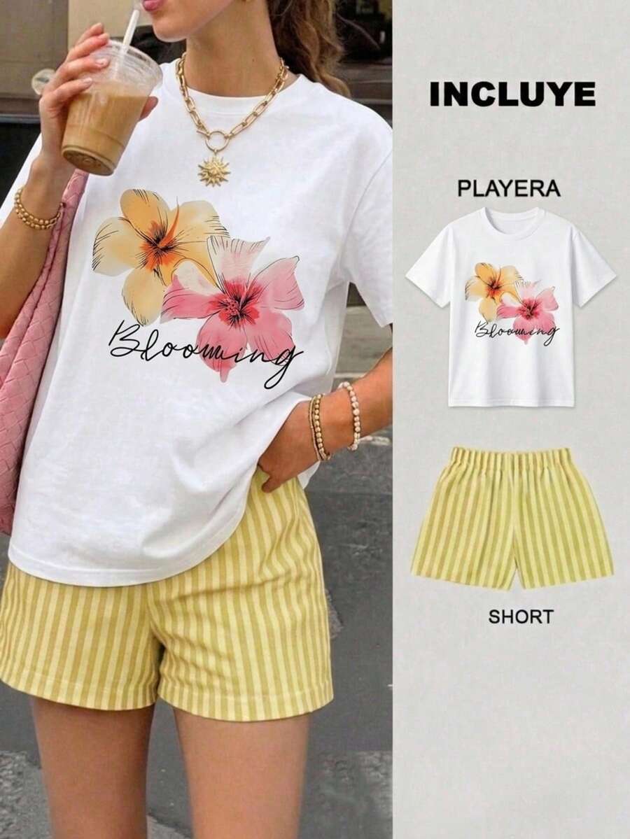 Conjunto de dos piezas, playera y short, playera estampada con dos flores de hibisco en tonos diferentes y texto "Blooming", short corto de rayas, ideal para vacaciones, para la playa, calor - 2 Playera Blanca con Short Rayas Verde con Amarillo - Ver 1