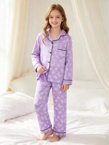 2pcs Tween Girl Purple Butterfly Print Long Sleeve Pajama Set - Multicolor - View 6
