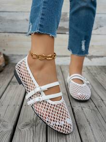 [Qishangda] Sandálias Mary Jane Femininas de Bico Redondo com Malha de Fibra Ultrafina Respirável, Sapatos Planos de Moda Plus Size, Sapatilhas de Balé, Cabedal de Malha Trançada - Branco - Visão 4