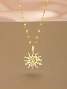 1pc Gold-Plated Hollow Sun Pendant Necklace, Inlaid With Pink Star-Shaped Crystal Pearl And Rhinestones, Bohemian Style Fashion Jewelry, Suitable As A Gift For Girls' Daily Wear - Gold - View 4