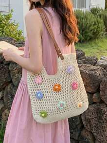 Yogodlns Beach Seaside Vacation Bag Women's Large Capacity Shoulder Bag New Versatile Fashion Shopper Handbag Travel Beach Bag Shopping Pack Beach Bag - Beige - View 2