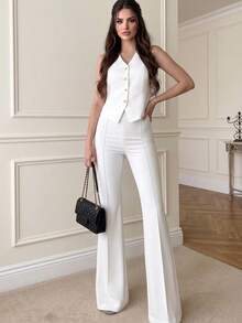 Casual Elegant Commute Daily Office Business Single-Breasted Vest And Flare Pants 2 Pieces Set - White - View 5