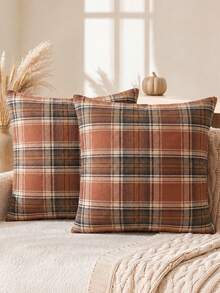 1pc/2pcs Autumn Caramel Brown Plaid Decorative Pillow Case, Holiday Scottish Tartan Cushion Cover, Farmhouse Style Sofa Decor - Brown - View 1