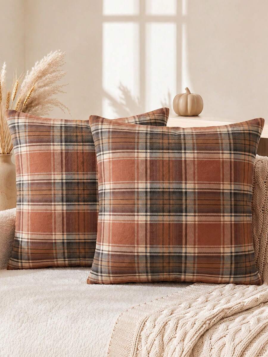 1pc/2pcs Autumn Caramel Brown Plaid Decorative Pillow Case, Holiday Scottish Tartan Cushion Cover, Farmhouse Style Sofa Decor - Brown - View 1