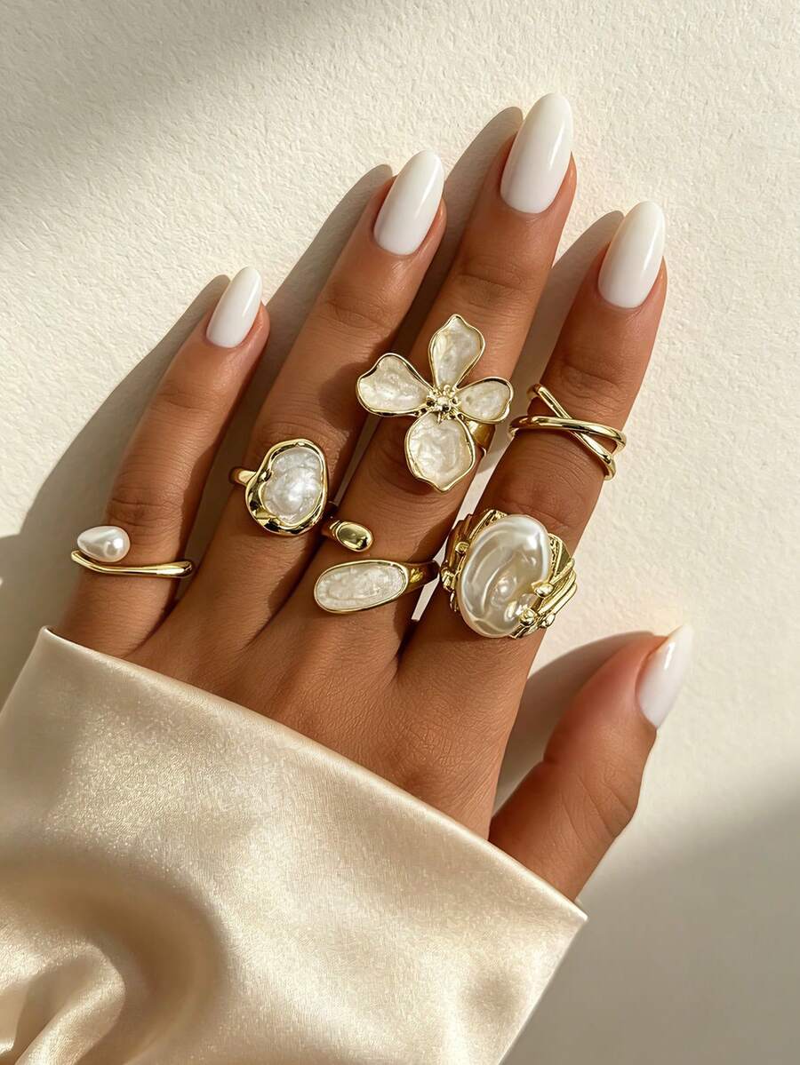 6PCS White Drip Flower Asymmetric Faux Pearl Rings, Twisted Wire Asymmetrical Metal Stackable Ring Set For Women - Gold - View 1