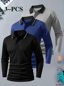 Men's 3-Pack Long Sleeve Polo Shirts, Solid Color Business Casual, Soft & Breathable, Versatile Tops - Multicolor - View 1