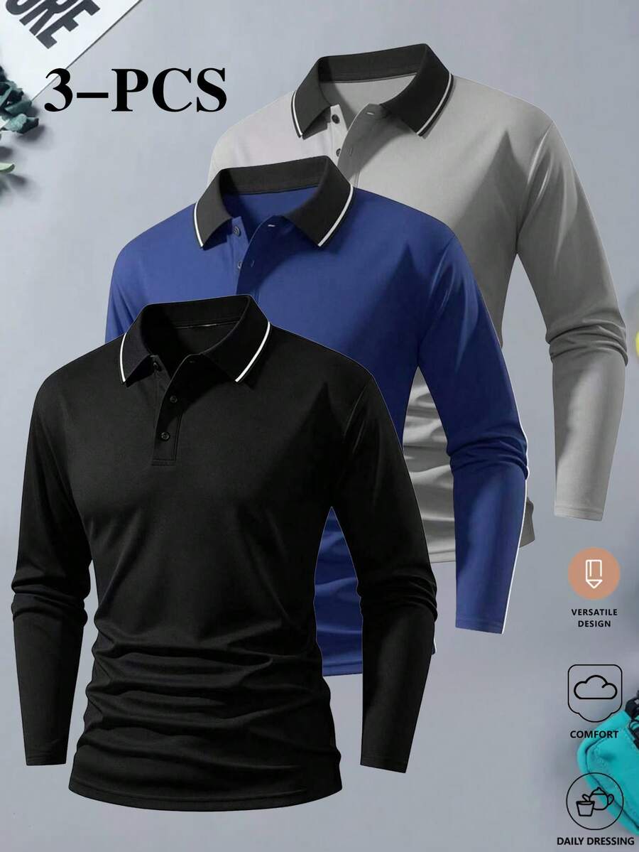 Men's 3-Pack Long Sleeve Polo Shirts, Solid Color Business Casual, Soft & Breathable, Versatile Tops - Multicolor - View 1