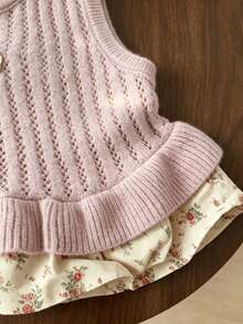 WUHUANG YIYI Girls Sweet Cute Gentle Style Handmade Lace Applique Floral Hem Patchwork Knit Hollow Out Tank Dress Loose Fit Suitable For Daily Wear Versatile Outings Spring Summer Autumn - Mauve Purple - View 3