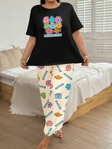 Plus Size Women's Casual Wearable Loungewear Pajama Set, Cute Quirky Cartoon Monster Print Short Sleeve Top & All-Over Print Long Pants 2-Piece Pajama Set - Black - View 5