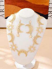 Juego de 3 piezas de collar y pendientes con colgante exagerado vintage elegante de estrella & luna, joyería de moda para mujeres, adecuado para Ramadán, fiestas, banquetes y uso diario - Amarillo Oro - Ver 3