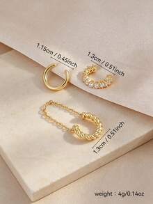 3pcs Shiny Exquisite Cubic Zirconia Chain Ear Clips Set, Multi-Layer Stackable Earrings Suitable For Women's Daily, Date, Party Wear (3pcs Not 3 Pairs) - Yellow Gold - View 2