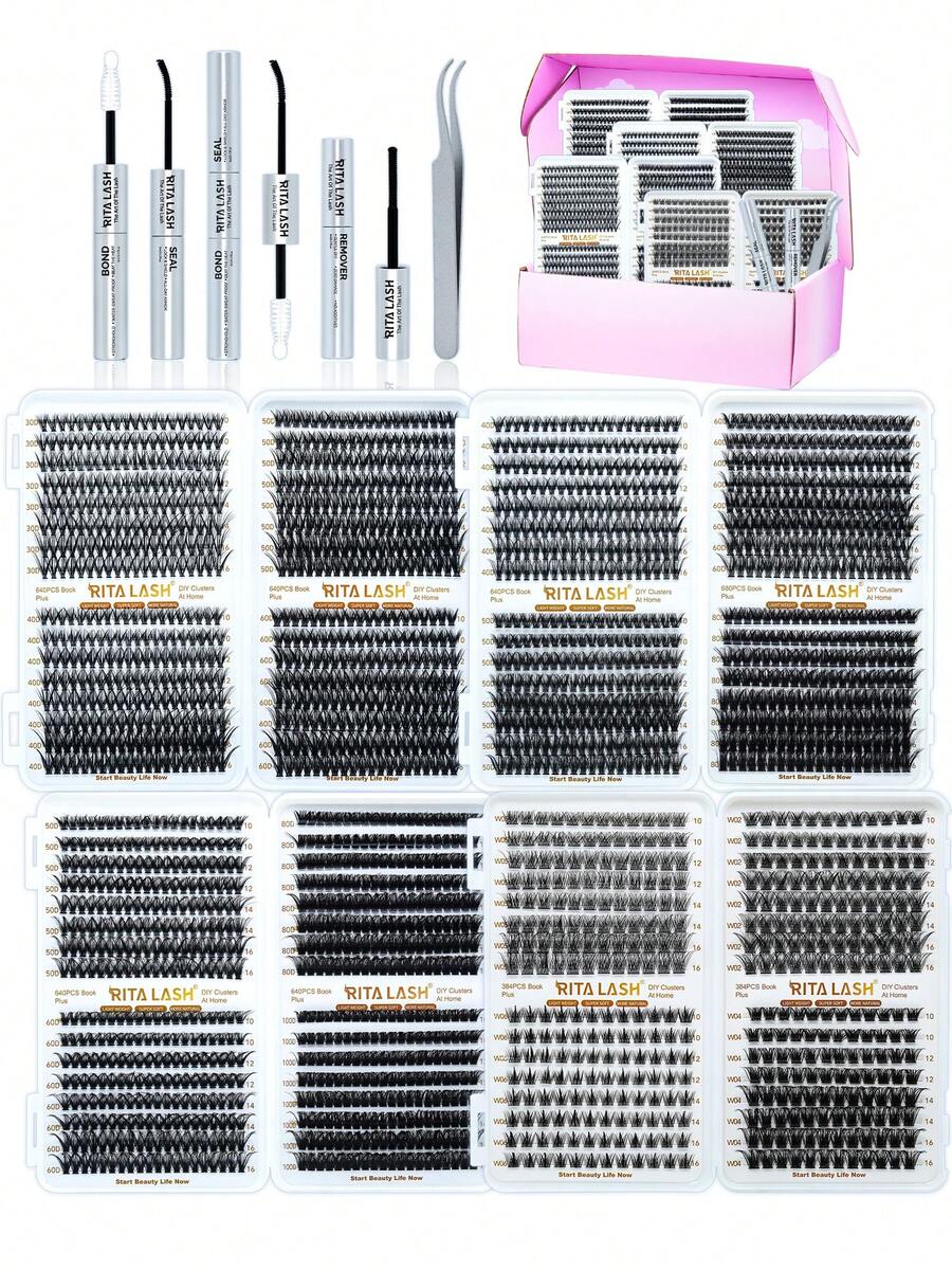 RITALASH RITA 2560/640pcs Eyelash Extension Set, Thick Eyelash Extension Kit 10-16mm, Dense Eyelash Clusters 30D+40D+50D+60D+80D+100D+W05+W06+W02+W04, Single Eyelash Set Includes Eyelash Glue, Eyelash Tweezers, DIY Eyelash Extension - Black - View 1