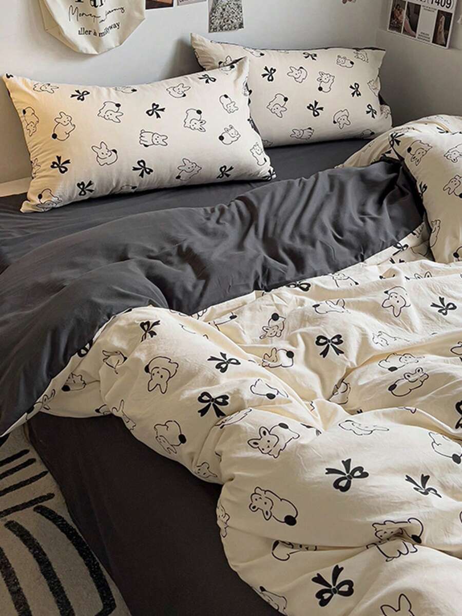 Minimalist Line Rabbit Black Bow Print 4-Piece Bedding Set, Soft Washed, Includes 1 Duvet Cover, 1 Bed Sheet, 2 Pillowcases, Duvet Insert And Pillow Insert Not Included, Pillowcase Pattern Randomly Cropped