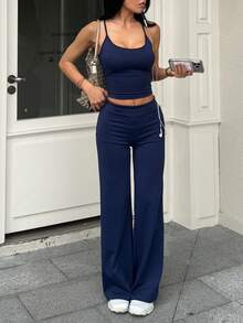 Women's Elegant Street Vacation Minimalist Yoga Sports Basic Tight Cleangirl Set Summer - Blue - View 10