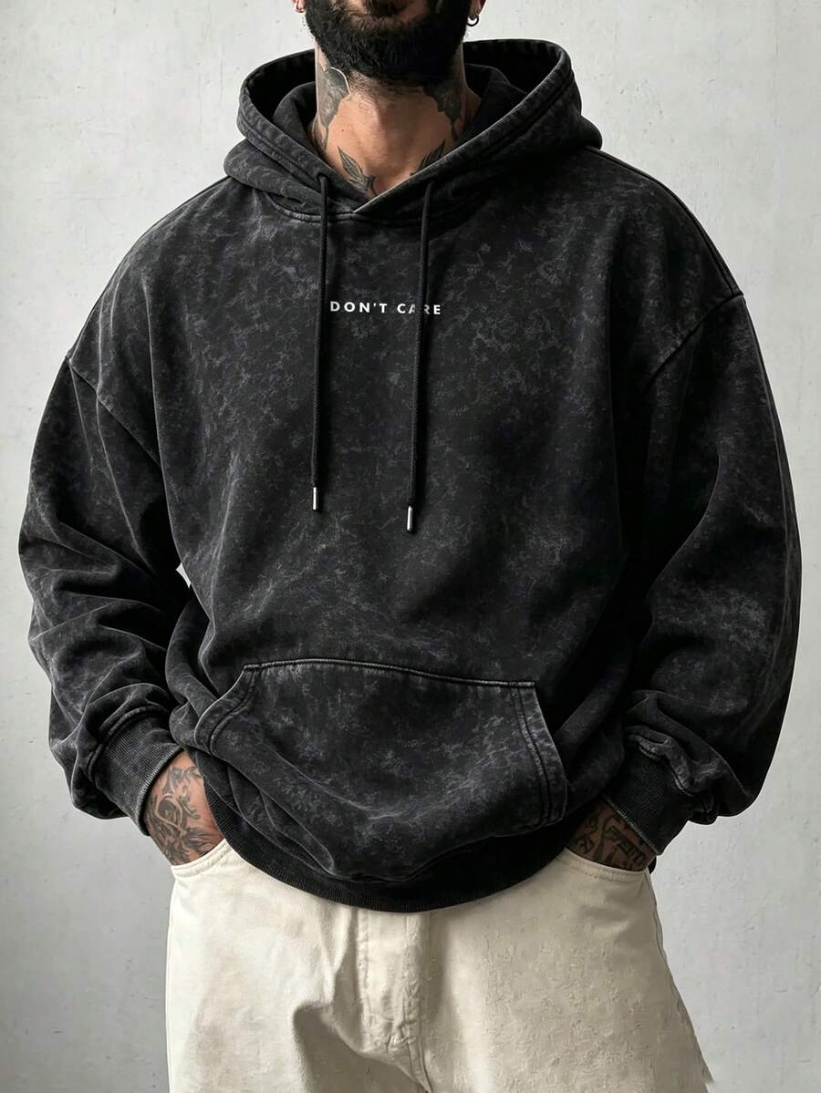 High Street 水洗做舊男士 DON'TCARE 文字印花寬鬆抽繩連帽衛衣 - 黑色 - 查看 1