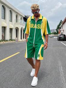 Conjunto de 2 piezas de camisa de manga corta con cremallera y pantalones cortos con cordón para hombre, estilo deportivo de bloques de color, adecuado para ropa de calle, casual, deportes, vacaciones, regreso a la escuela - Amarillo - Ver 1