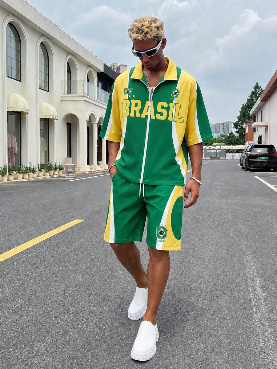 Conjunto de 2 piezas de camisa de manga corta con cremallera y pantalones cortos con cordón para hombre, estilo deportivo de bloques de color, adecuado para ropa de calle, casual, deportes, vacaciones, regreso a la escuela - Amarillo - Ver 1
