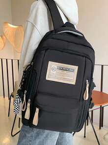 Dedoo Backpack Random Letter Label Print Large Capacity Vintage College Style Student Campus Daily Large Capacity,School Bookbag,College University Campus - Black - View 7