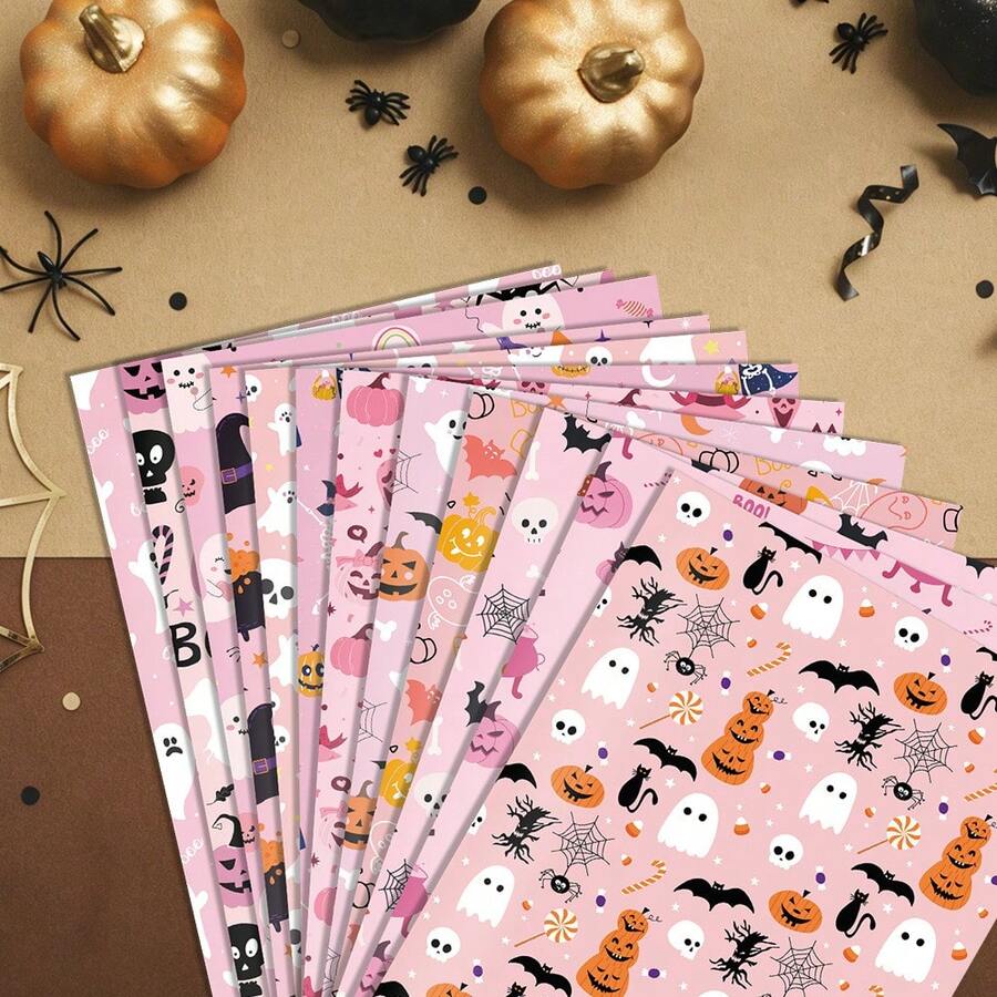 6 Sheets Halloween Wrapping Paper, 12 Different Designs - Skull/Ghost/Pumpkin/Bat Patterns, Suitable For Halloween, Holiday Party, DIY Halloween Party Gift Bags, Halloween Decoration - A - View 1