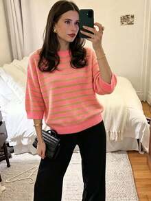 Blusa de punto de manga corta holgada y casual con cuello redondo, a rayas y bloques de color, versátil para uso diario, moda y vacaciones de otoño para mujer - Rosa coral - Ver 9