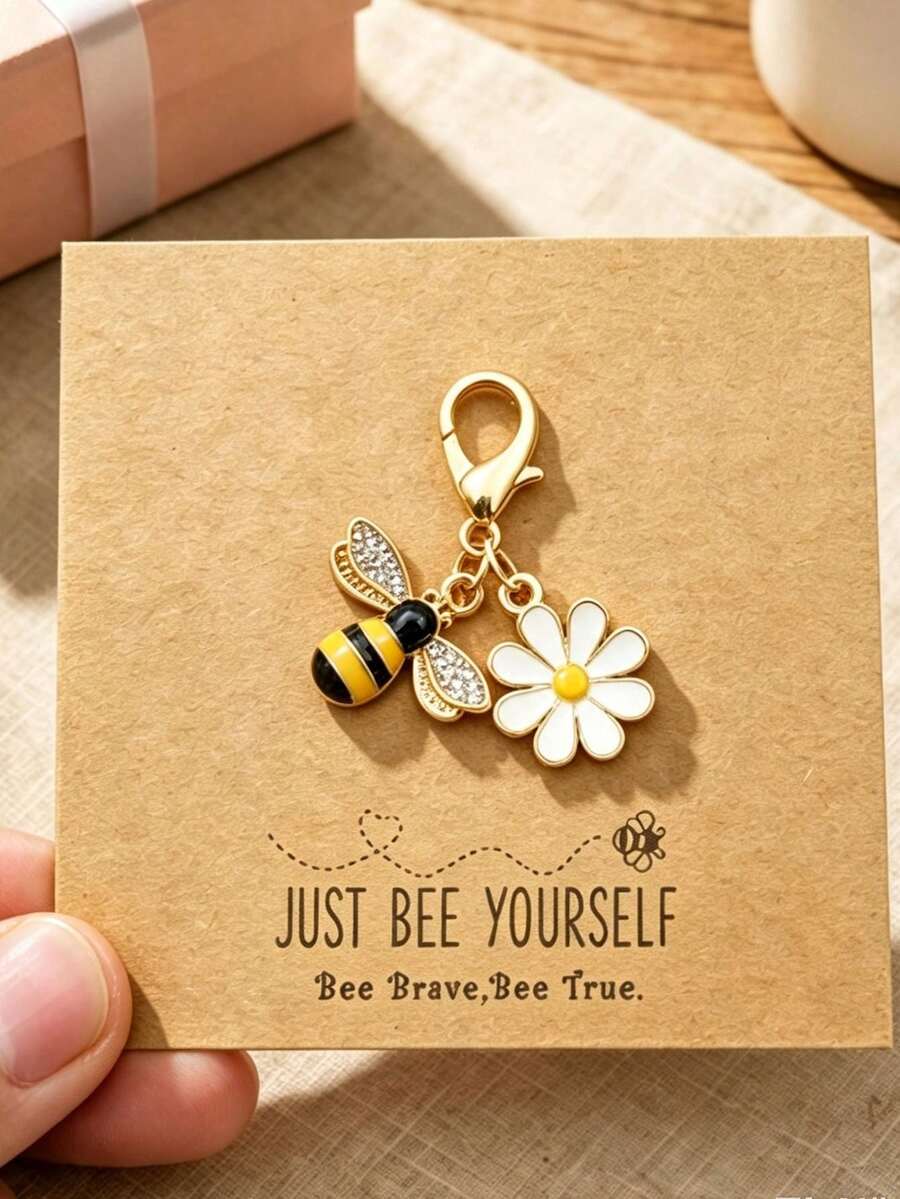 10pcs Mini Bee & Sunflower Pendant With Printed Card, Suitable For Wallet, Phone Keychain, Perfect Gift For Various Occasions - Multicolor - View 1