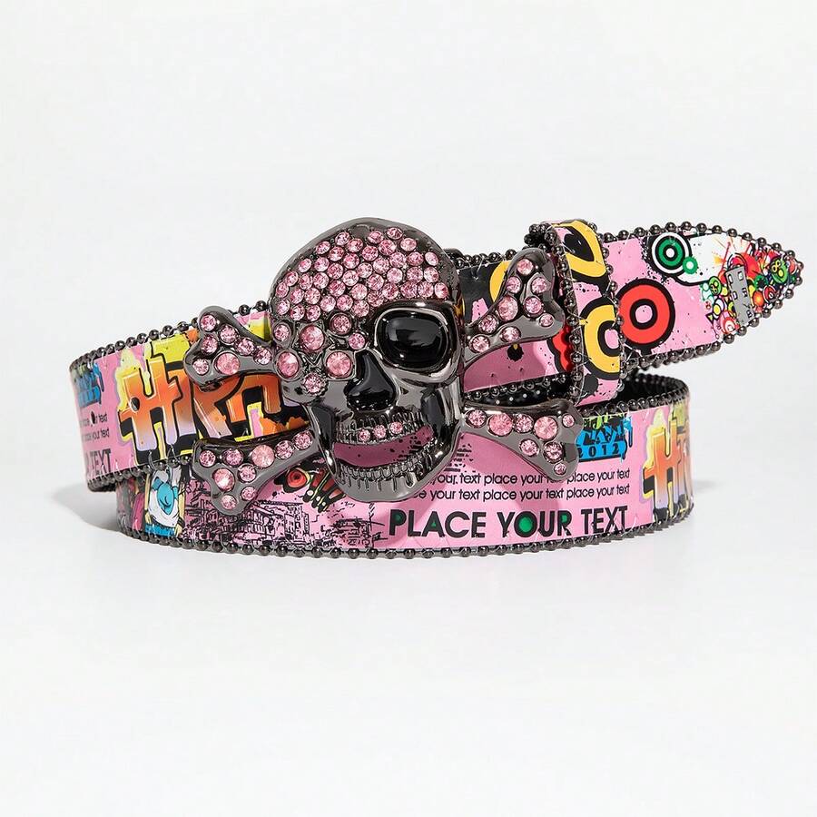 1 pieza Cinturón de hombre con calavera colorida, estilo punk rock Y2K, con tachuelas de estrella y strass incrustado, accesorio versátil para jeans, adecuado para uso diario