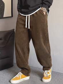 Men's Spring/Autumn Elastic Waist Corduroy Long Pants, Drawstring Vintage Straight Leg Casual Sports Pants - Rust Brown - View 3