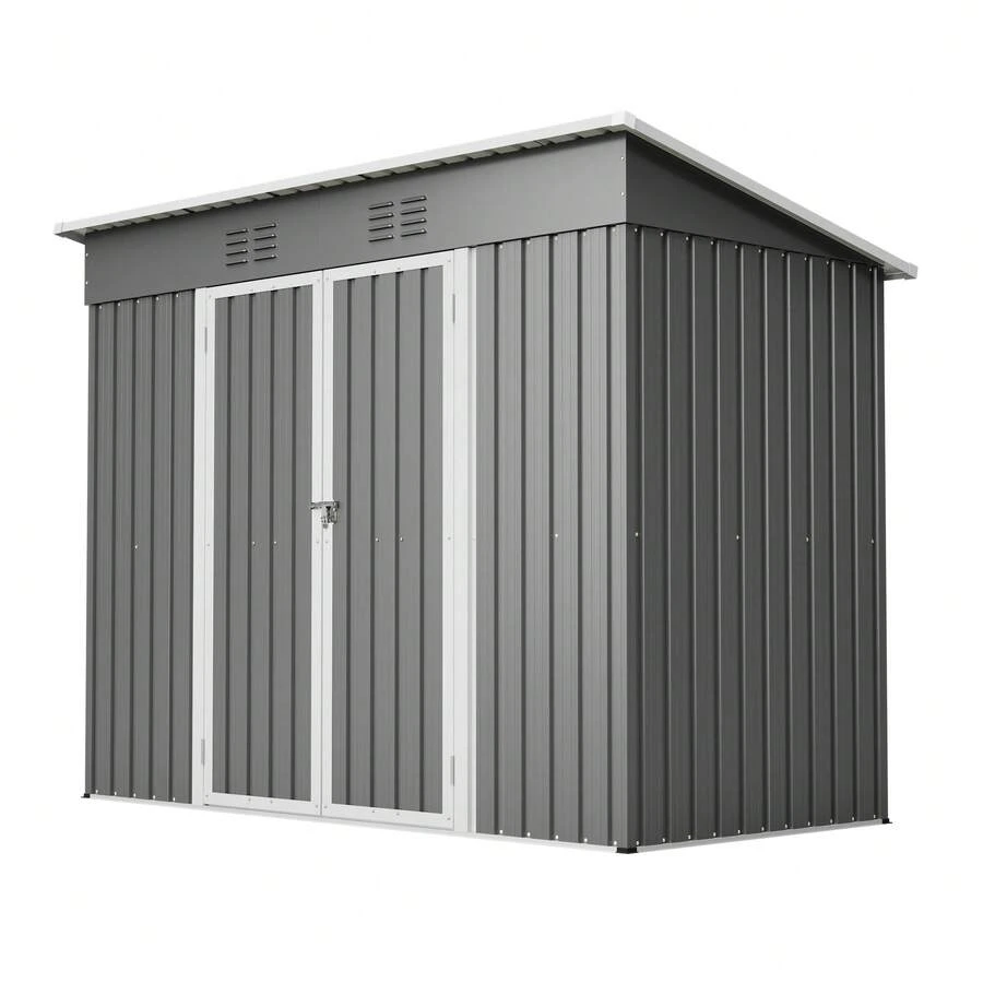 Storage Shed Metal Grey 242x126x182cm – Tool House With Lockable Door - Grey - View 1