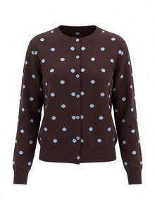 Women's Brown Polka Dot Regular Long Sleeve Cardigan, Button Front, High Elasticity Pullover - Purple - View 6