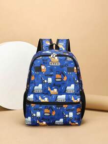 1pc Fashionable Nylon Backpack With Cartoon Excavator Pattern Design, Zipper Closure, Unique Multi-Purpose, Perfect For Outdoor Activities, Play, Commuting And Various Occasions, Ideal Gift For Teenagers - Blue - View 1