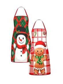 4 Pcs Christmas Buffalo Plaid Character Print Apron Set, Santa Snowman Reindeer Gingerbread Pattern Kitchen Cooking Baking Aprons For Holiday Party Home Decoration - Multicolor - View 9