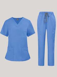 Men's Scrub Set, Breathable Lab Coat, Pet Grooming Salon Uniform, Multi-Pocket Design - Mint Blue - View 3