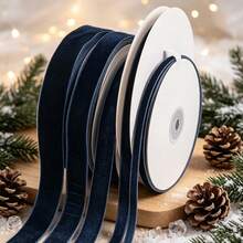 Flocked Ribbon Christmas Ribbon Suitable For Christmas Tree Decoration, Christmas Window Display, Christmas Wreath Decoration, Flocked Satin Ribbon Bows (Multiple Sizes Available) 3/4 Inch X 10 Yards, With Paper Spool For Easy Storage - Ink Blue Size 10 - View 1