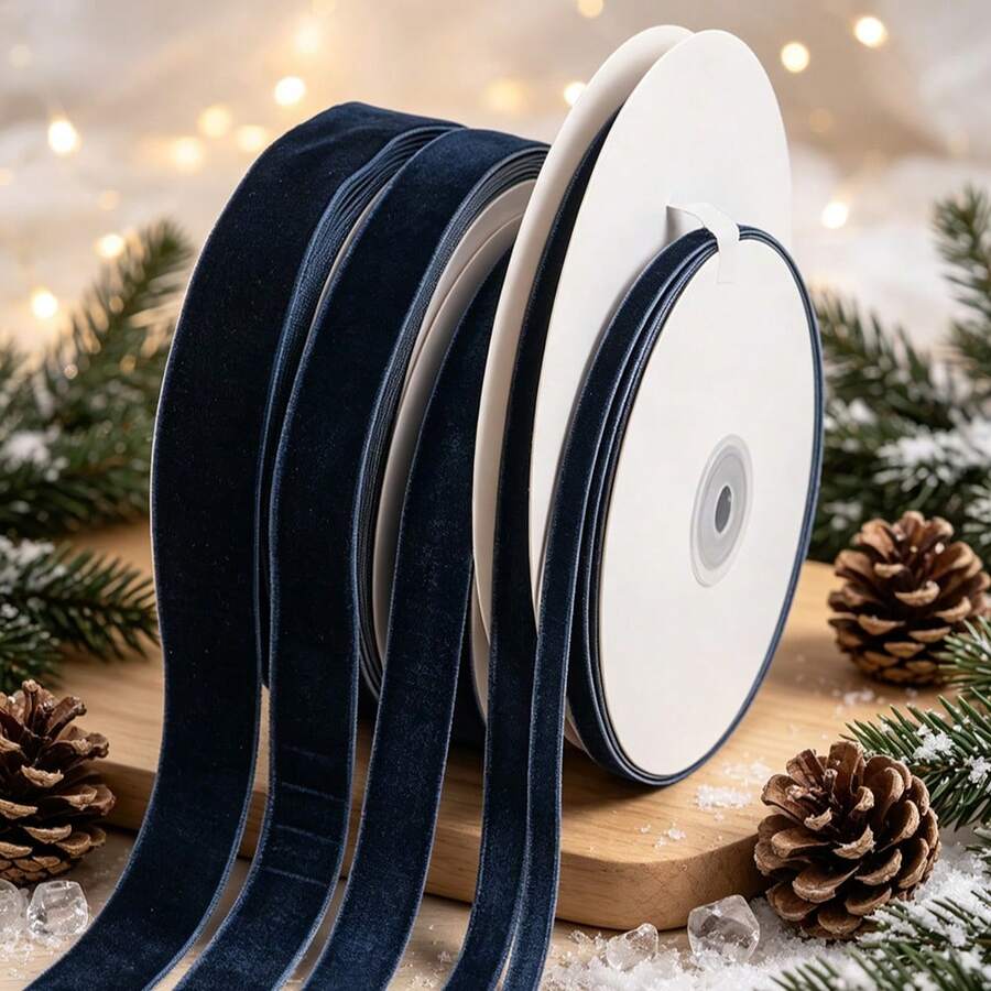 Flocked Ribbon Christmas Ribbon Suitable For Christmas Tree Decoration, Christmas Window Display, Christmas Wreath Decoration, Flocked Satin Ribbon Bows (Multiple Sizes Available) 3/4 Inch X 10 Yards, With Paper Spool For Easy Storage - Ink Blue Size 10 - View 1