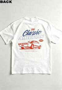 Vintage Black Cotton Oversized Tshirt, Classic American Retro Muscle Car Flag Letter Back Print Short Sleeve, Retro Car Street Top - White - View 1