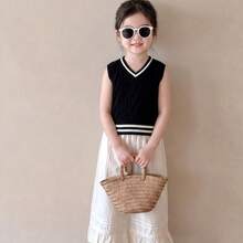 Girls' Knitted Sweater Vest, Black V-Neck Sleeveless Pullover, Preppy School Uniform Style, Autumn/Winter Layering Top, Suitable For Teenagers - Black and White - View 5