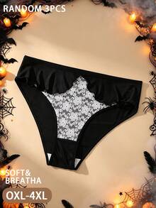 3 piezas aleatorias de bragas tipo bikini de encaje floral con volantes, talla grande, tema de Halloween, multicolor, transpirables, cintura media, 0XL-4XL - Multicolor - Ver 3