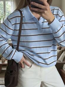 Women's Fashion Polo Collar Colorblock Button Knit Top, Long Sleeve Casual Sweater, Suitable For Autumn/Winter Daily Wear - Blue - View 6