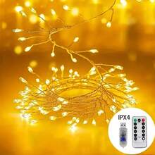 1pc LED Firework Fairy String Lights, 8 Flashing Modes, USB Powered, With Remote Control And Timer Function, Indoor Ceiling Bedroom Window Decoration Light, Suitable For Christmas Tree Wedding Party, Warm White Elegant Style, Christmas Occasion - USB Firecracker Light - View 2