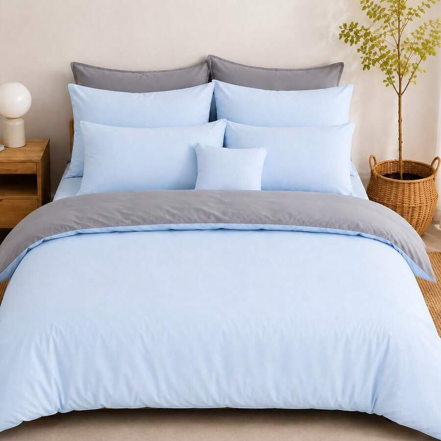 2/3 Pcs Soft Colours Double Face Duvet Cover And Pillowcase | All Colors - All Sizes | 135x200 - 150x200 - 160z220 - 200x200 - 200z220 220x240 | Duvet Set - Blue - View 1