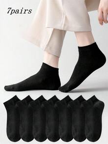 7 Pairs Unisex Pure Cotton Spring/Autumn Solid Color Minimalist Versatile Plus Size Fashion Short Socks - Black - View 4