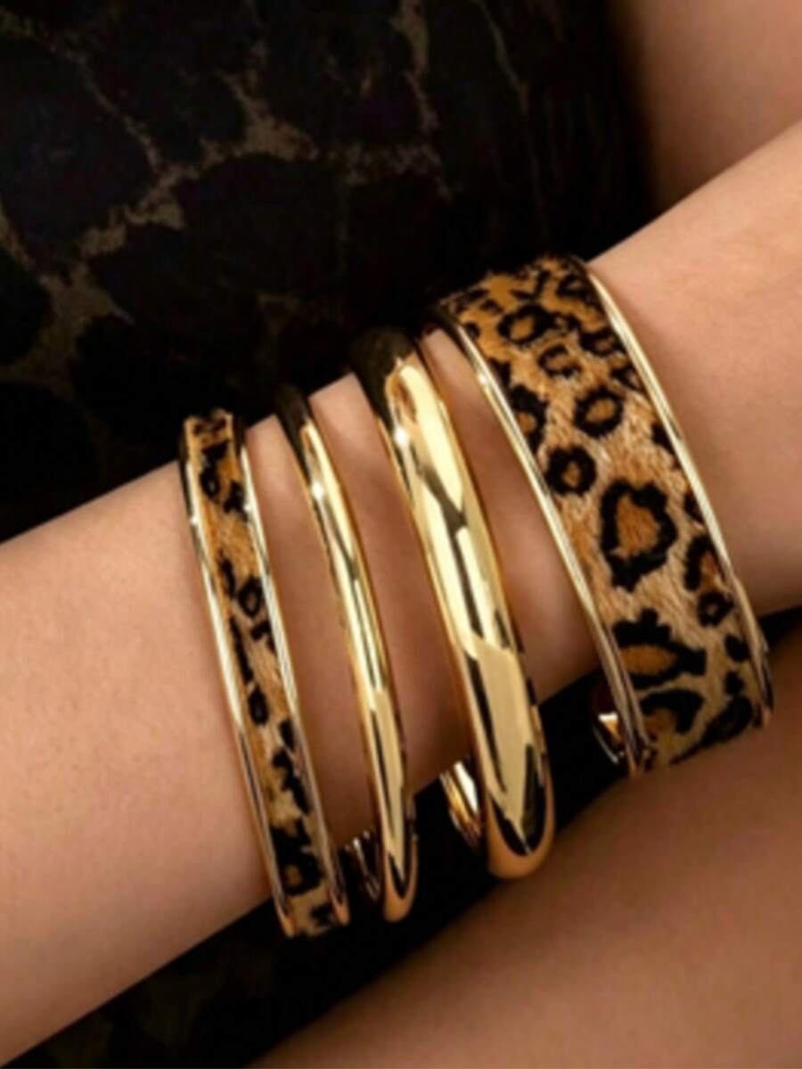 4pcs Leopard Print PU Leather Minimalist Metal Bracelet Set, Suitable For Women's Layered Wearing. - Gold - View 1