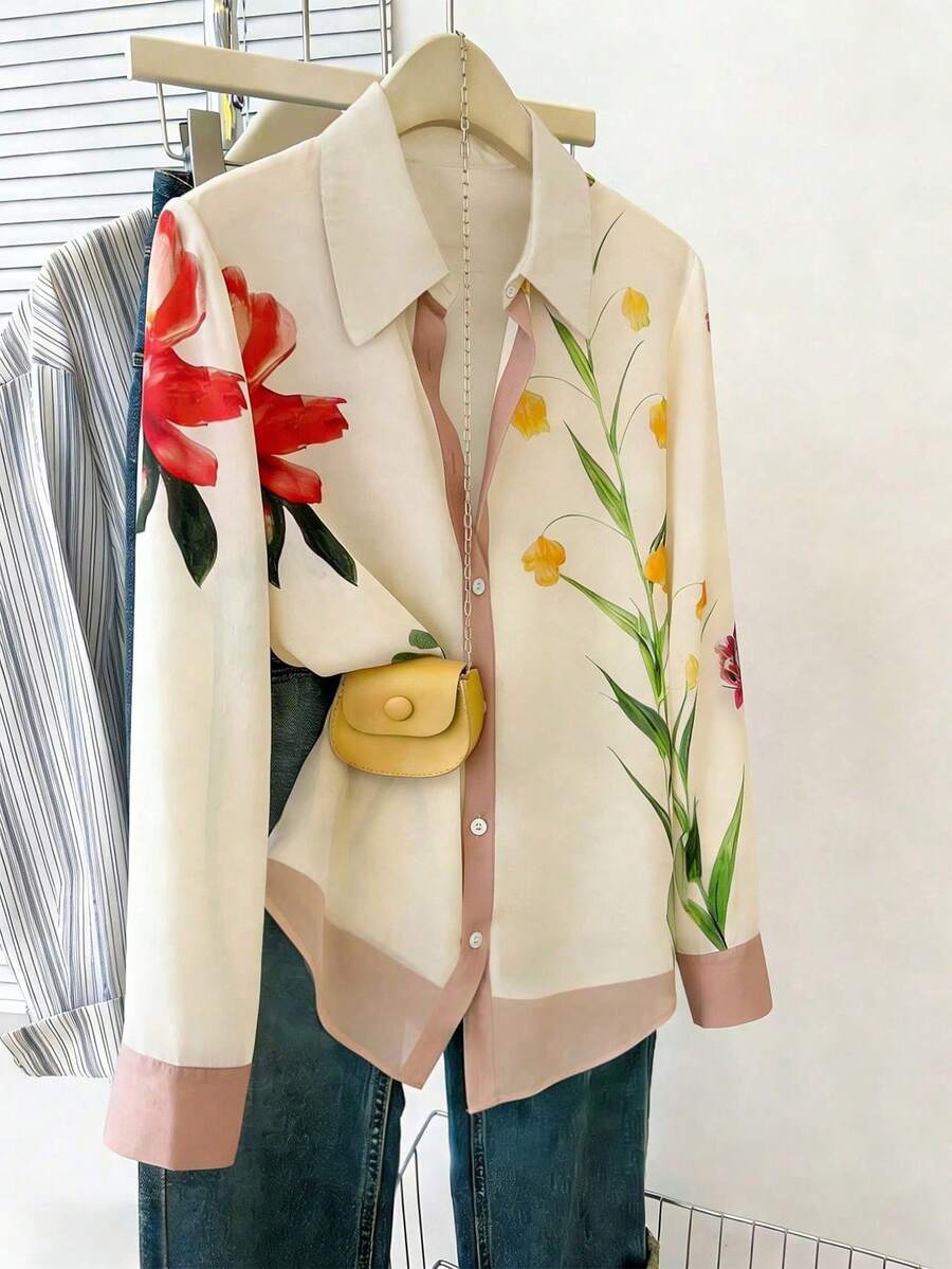 Women's Floral & Leaf Print Color Block Button-Front Casual/Office/Commute Shirt Spring - Multicolor - View 1