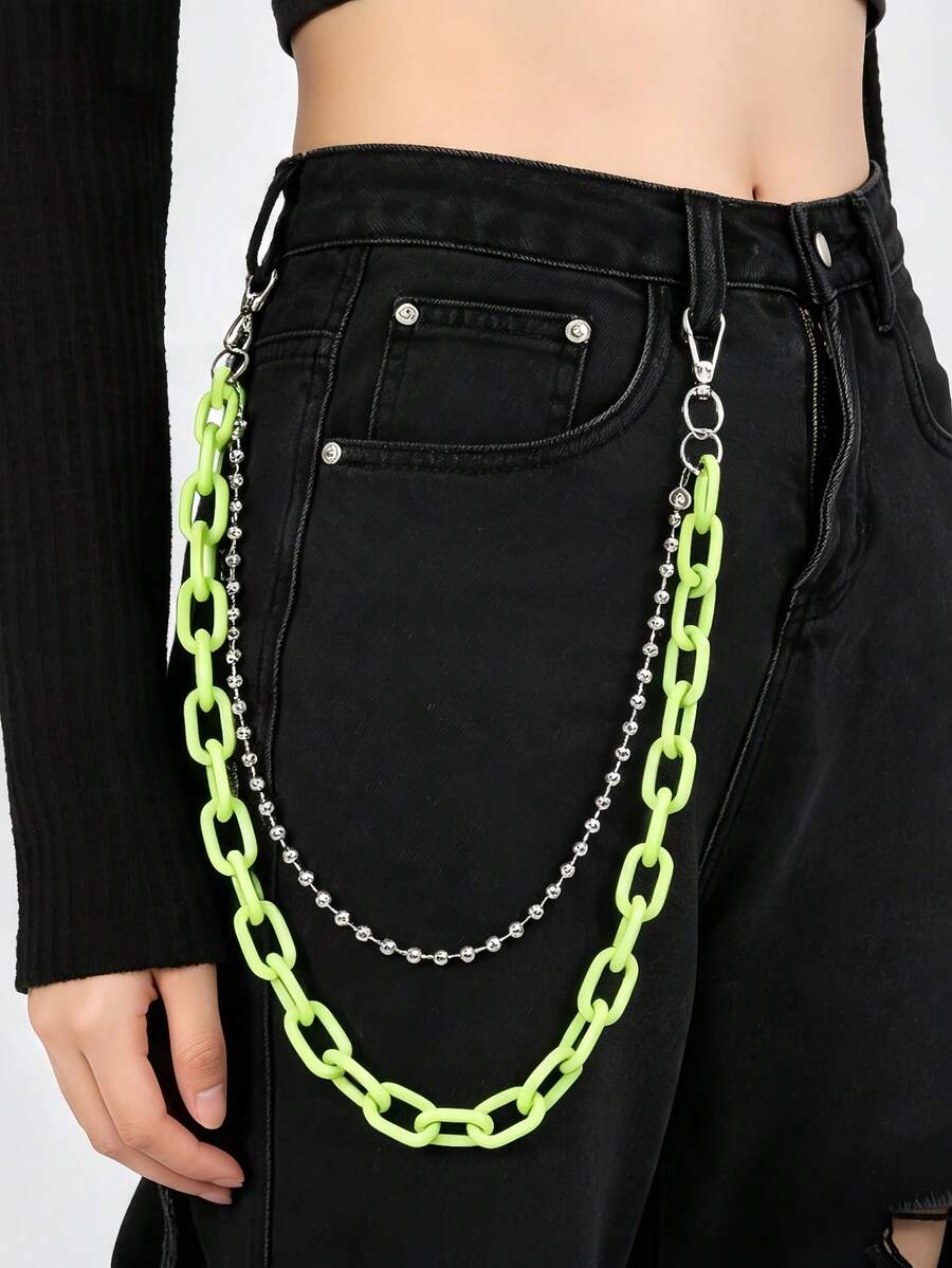 1PC Street Punk Fluorescent Green Two-Layer Pants Chain With Ball Chain, Fashion Accessory For Jeans, Shorts And Skirts - Green - View 1