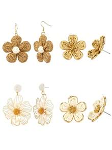 Yanxyad 1/4Pairs Cute Raffia Woven Flower Earrings, Boho Floral Drop Stud Earrings For Women, Summer Beach Vacation Jewelry Gift - Brown - View 7