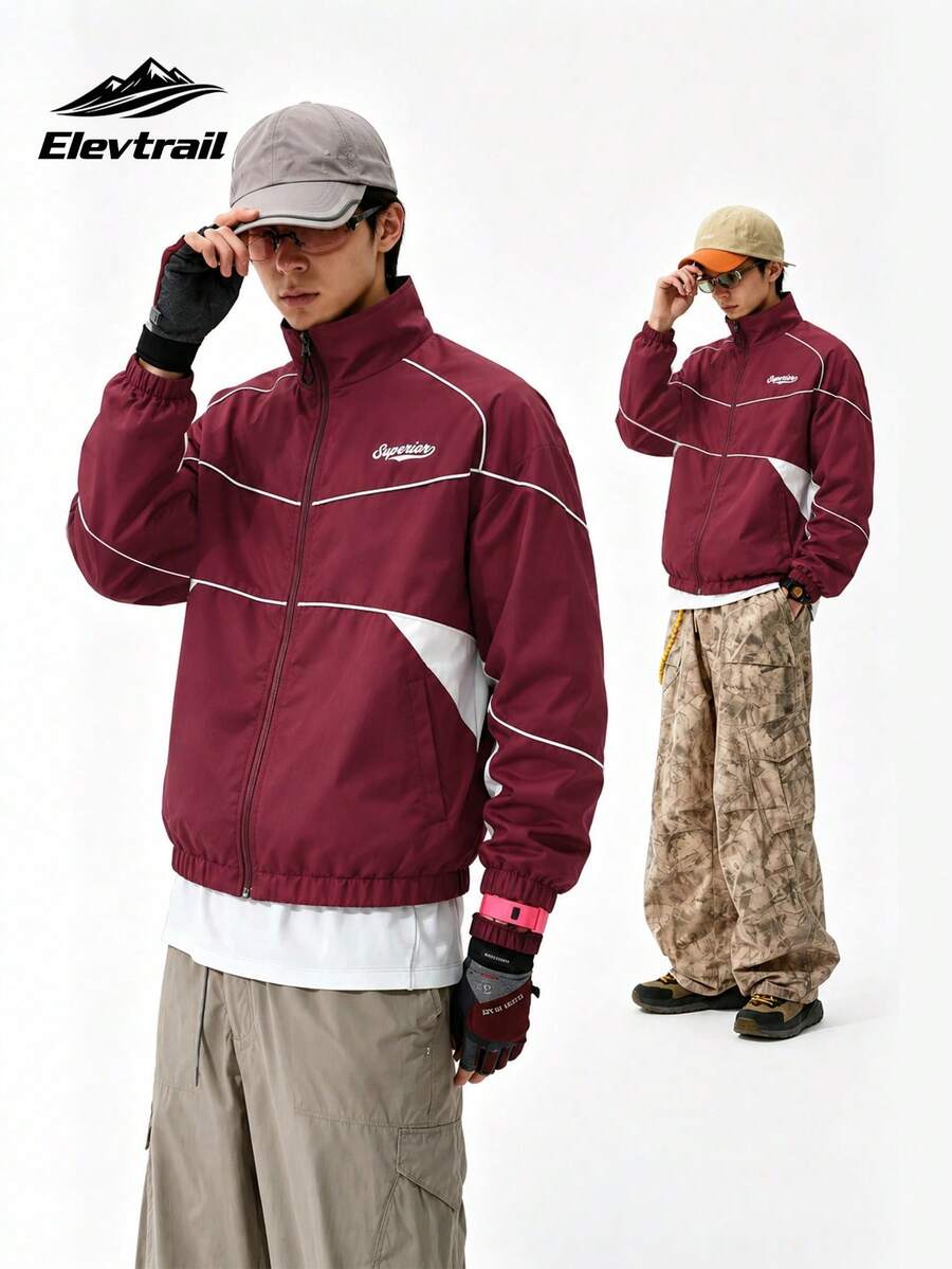 Men's Burgundy & White Line Trim Stand Collar Jacket, Contrast Letter Patchwork, American Retro Loose Streetwear Sports Jacket - Burgundy - View 1