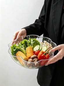 1pc Large Capacity Transparent PET Fruit & Vegetable Bowl, High Transparency Visible Texture, Petal Wave Ruffled Open Design, Shatter-Resistant And Durable, Clear Without Impurities, Suitable For Holding Vegetables, Fruits, Salads, Snacks, Nuts, Also As A Vegetable Washing & Draining Container, Fits Home Kitchen Meal Prep, Living Room Fruit Display, Picnic, Party, Daily Use, Holiday Hosting - Clear - View 10